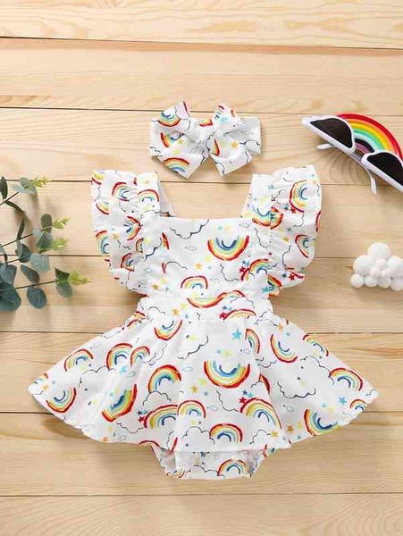 

baby girl rainbow print combo bodysuit dress with headband she, Red;yellow
