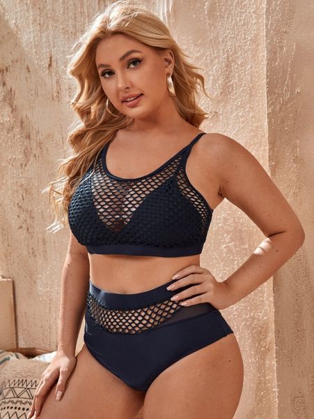 

plus contrast mesh high waisted bikini swimsuit a4k3#, Black
