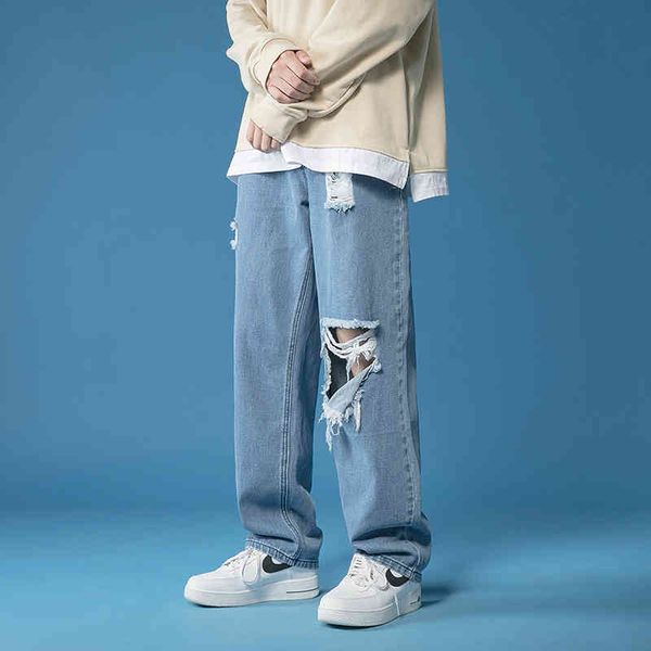 

men's jeans torn jeans loose in a straight broad legs hanging feeling high street homeless pants di02, Blue