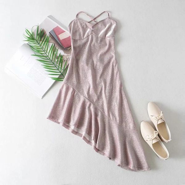 

party dresses backless asymmetry ruffle sling sleeveless hem summer spaghetti strap v neck women slim shiny mini nz0135 casual, Black;gray