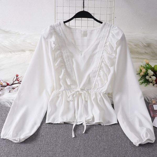 

women's blouses & shirts drawstring sash ruffles women blouse v-neck lace patchwork vintage blusa 2021 spring summer solid slim fashion, White