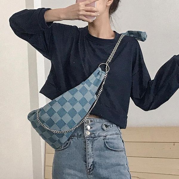 

evening bags hylhexyr 2021 summer ins versatile canvas shoulder tote chain blue checkerboard messenger bag women's waist zipper
