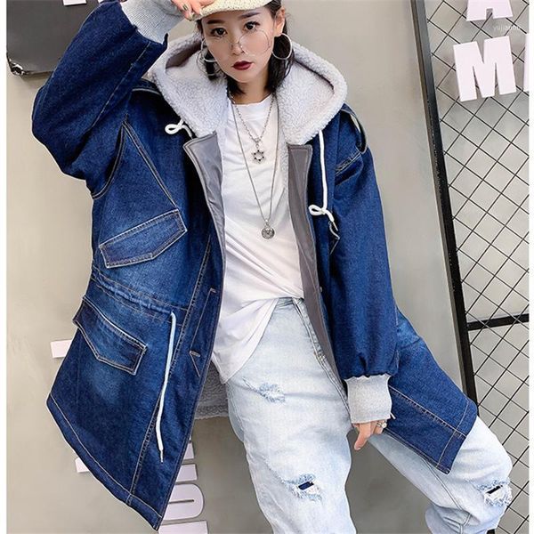 

women's down & parkas mid-length denim plus velvet cotton jacket women 2021 winter fashion thick loose hooded drawstring warm jacket1, Black