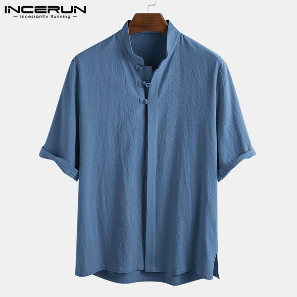 

men's casual shirts incerun vintage men shirt solid color cotton mandarin collar short sleeve clothing button 2021 camisa masculina s-3, White;black