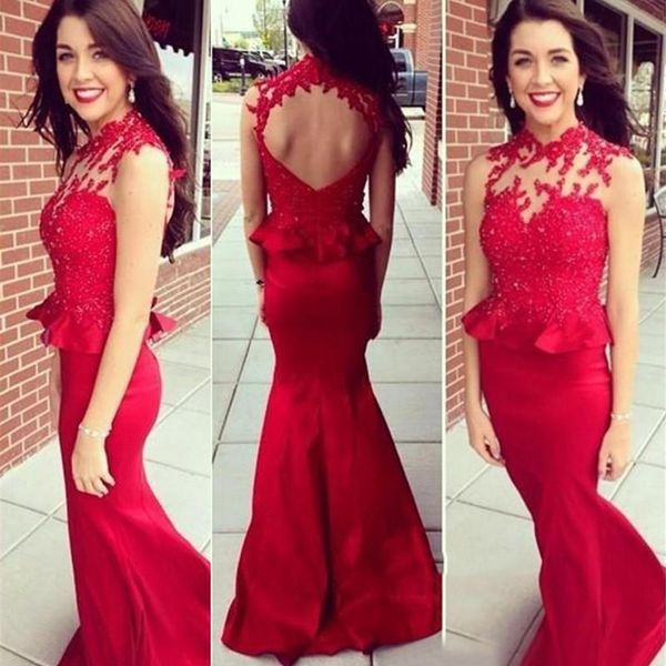 

high neck evening dresses floor-length beaded satin formal sleeveless mermaid trumpet train applique prom party gowns, Black;red