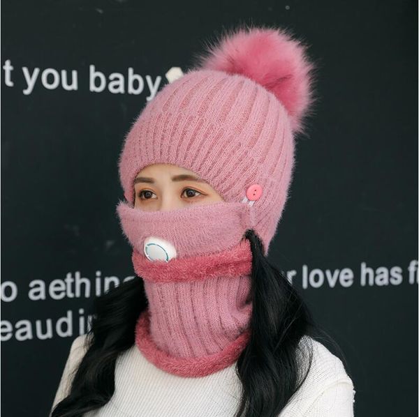 

new autumn winter women's thick warm knitted hats & scarves sets gszm023a fashion three-piece set of bib, mask, headgear and hat, Blue;gray