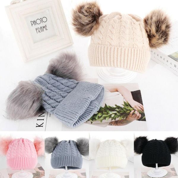 

kid child baby boys girls beanie hat cap winter warm double pom bobble autumn knit caps & hats, Yellow
