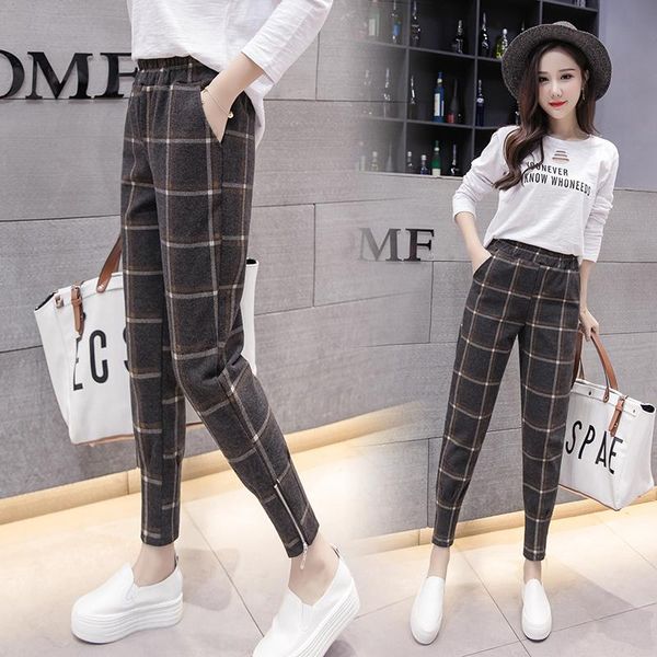 

women's pants & capris jkkucoco ankle-length women harem high elastic waist pocket casual trousers warm woolen autumn winter plaid, Black;white