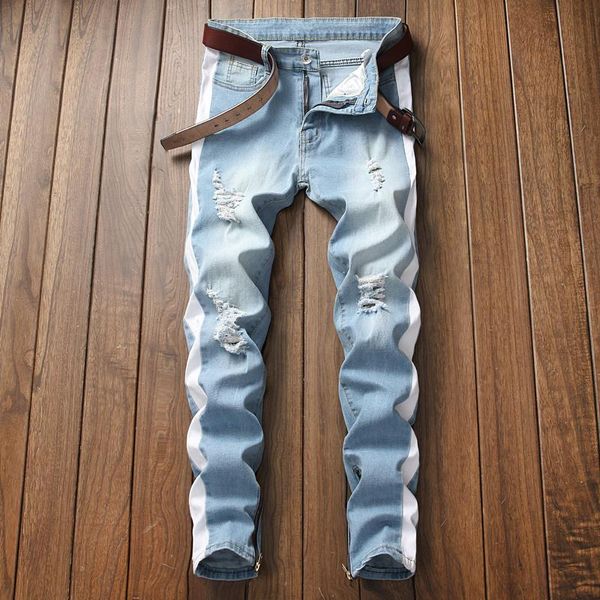 

men's jeans small foot zipper high street fashion flow knee hole slim, Blue