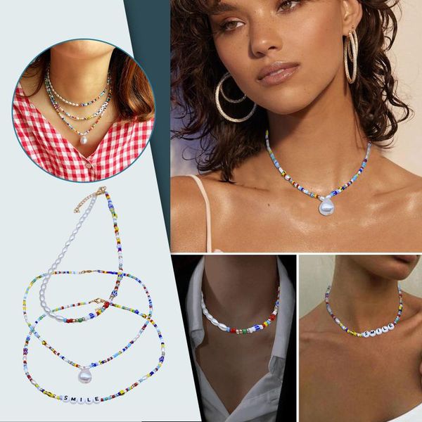 

chokers fashion bohemia handmade diy rice bead necklace letter lucky love angel choker clavicular chain colorful female beach jewelry, Golden;silver