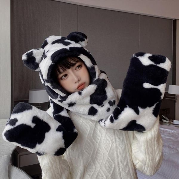

hats, scarves & gloves sets 2021 winter little cow warm women's hat scarf one-piece thickened plush three piece cold proof cycling chri, Blue;gray