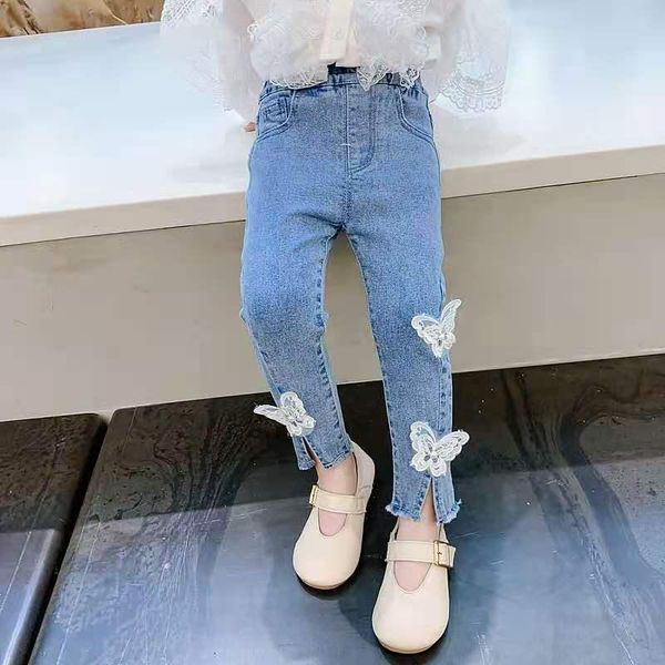 

baby girls jeans cute butterfly long pants children kids denim pant toddlers trousers pencil 1-8age, Blue