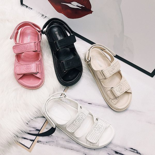 

sandals student genuine leather hook&loop double band women sandals summer elevated shoes open toe sewing antiskid sandalias 9ha5, Black