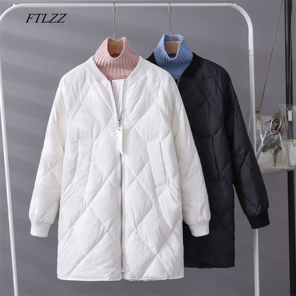 

ftlzz winter women white duck down parka ultra light loose zipper baseball uniform down jacket female casual long down outwear 211007, Black