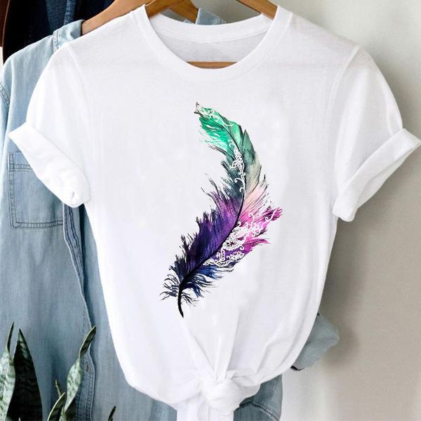

women's t-shirt t-shirts women watercolor feather 90s fashion clothing spring summer clothes graphic tshirt lady print female tee, White