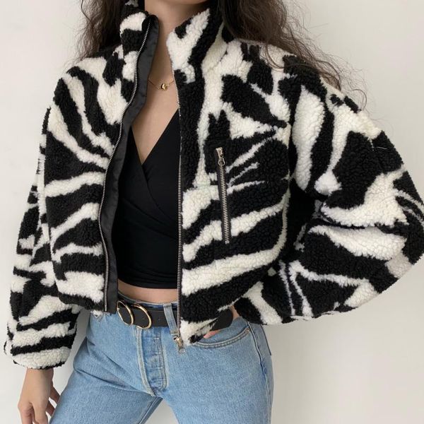 

women's jackets winter zipper long sleeve plush coat fleece warm cropped jacket vintage stand collar zebra short lamb wool streetwear, Black;brown