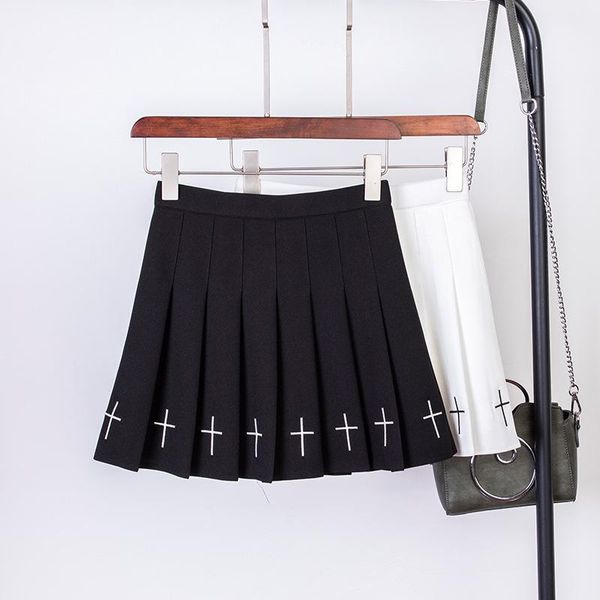 

skirts pleated skirt woman embroidery cross high waist mini, Black