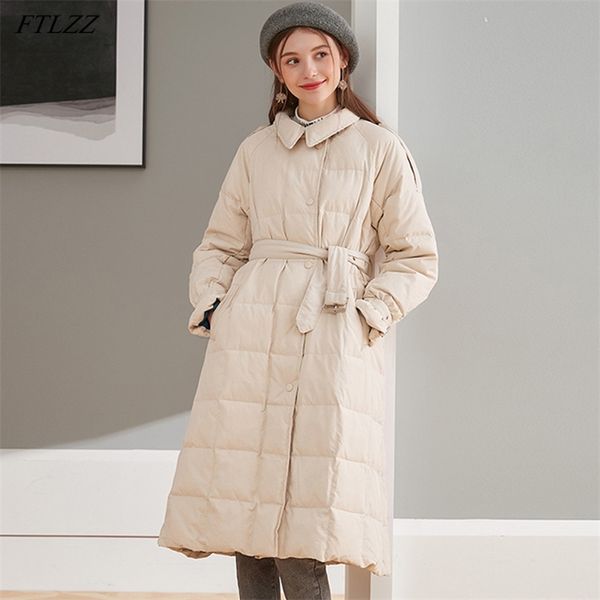 Inverno Beige Donna Colletto rovesciato Monopetto Anatra bianca Parka lungo con cintura Cappotto da neve allentato Outwear 210430