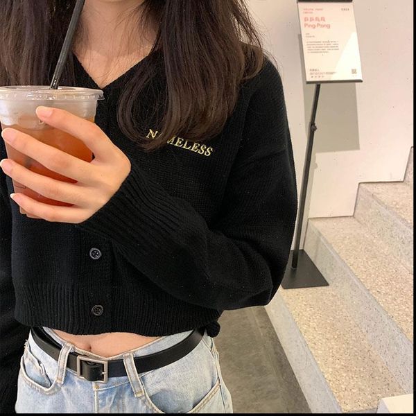 

3 colors korean style spring womens sweater autumn v neck short cardigan coat female outwear long sleeve knitted x1114, White;black