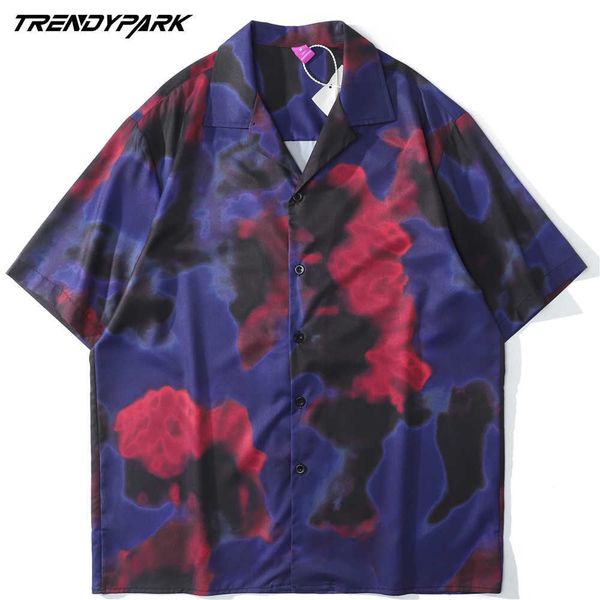 

men shirts hawaiian beach holiday harajuku short sleeve casual shirt vintage tie-dye blue oversized summer shirt 210601, White;black
