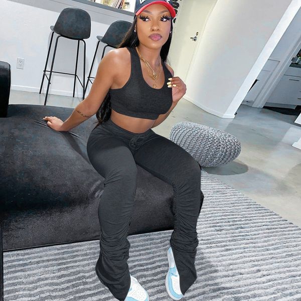 

sporty two piece set summer crop and split stacked leggings matching sets for women sweat suits d16-ce23, White