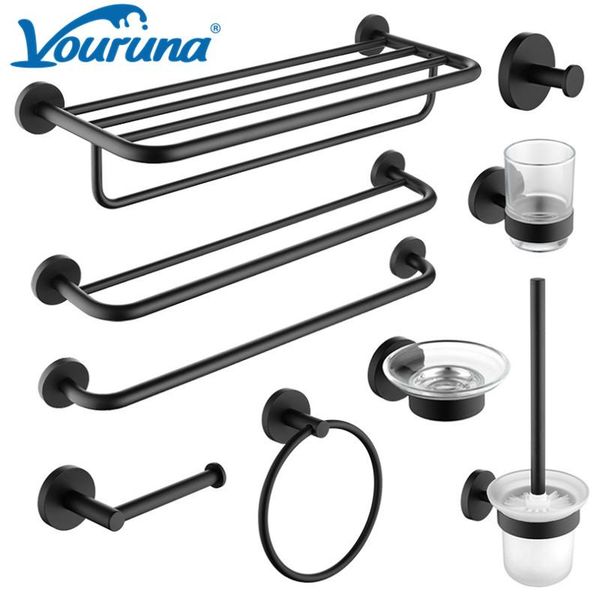 

matte black round sus304 stainless steel bathroom hardware sets towel rail rack bar shelf paper holder bath accessory set