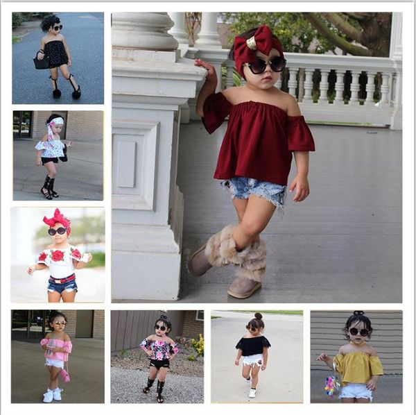 Summer Baby Kids Girls Clothes 3D Flower print senza maniche Ruffle girocollo pullover T-shirt Denim Hole Pants Set di abbigliamento per ragazze