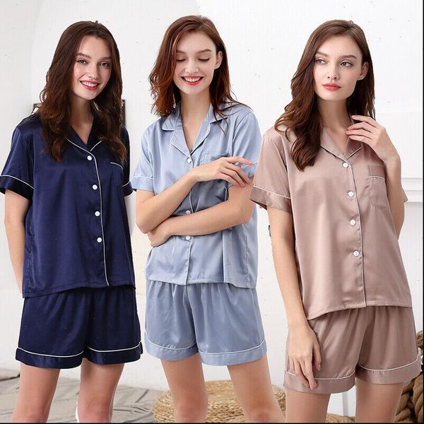 

silk pajama sets satin womens sleepwears pyjama set silky summer lounge wear pajamas short sleeve pjs solid, Black;red