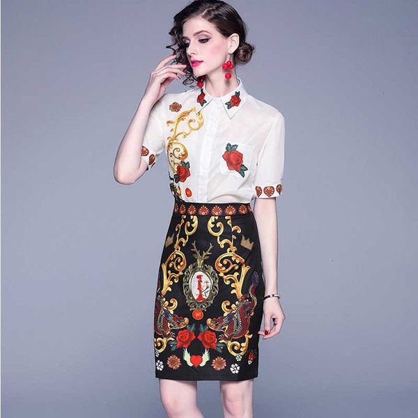 

two piece dress fashion summer vintage suits women's beading animal printed shirt+elegant tassel high waist skirt pieces set x2pn, White