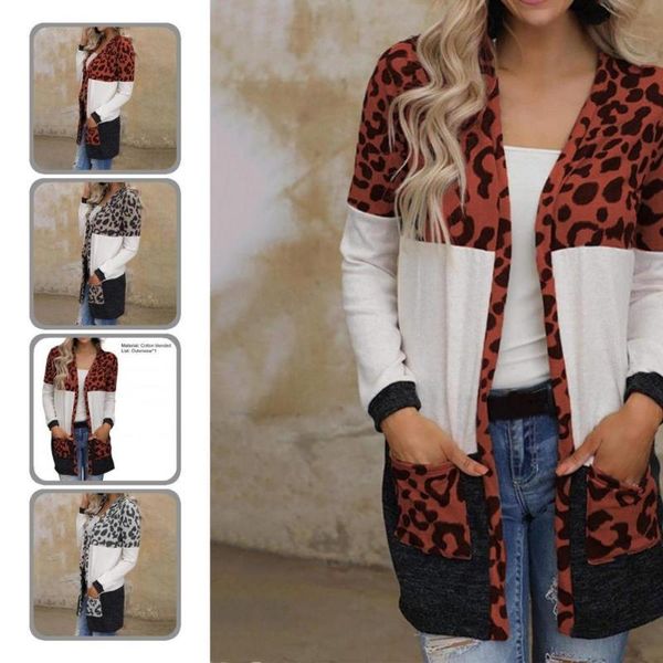 

women's knits & tees skin-friendly trendy leopard print patchwork cardigan sweater autumn two pockets outerwear, White