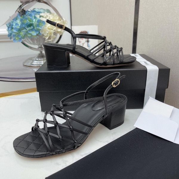 

slippers 2021 est summer shoes woman classics genuine leather buckle-strap sandals open-toes mid heels botas mujer, Black