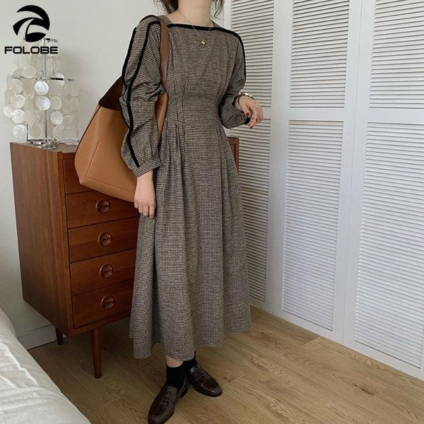 

french plaid dresses women lantern sleeve square collar black stripe a-line mid-calf long dress vestidos casual, Black;gray