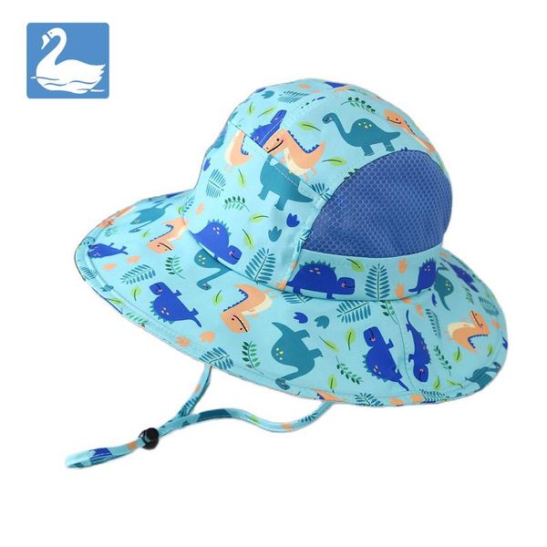 

wide brim hats kids baby bucket hat print children cartoon super fisherman cap outdoor boy girl panama ocean beach protection sun dinosaur, Blue;gray