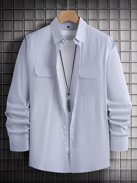 

men 1pc flap pocket button up shirt 76e8#, White;black