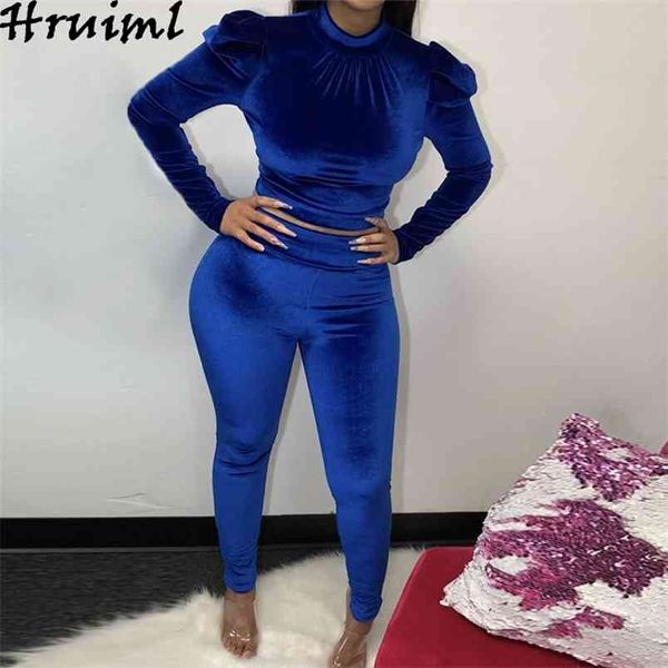 

elegant 2 piece set women long sleeve o neck crop blue velour tracksuit fashion pants sets solid evening party club outfits 210513, White