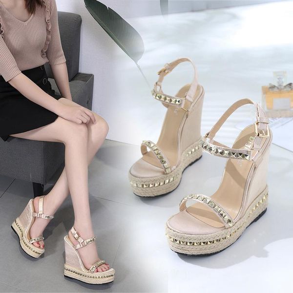 

dress shoes roman style slope heel rivet sandals waterproof platform muffin women's, Black