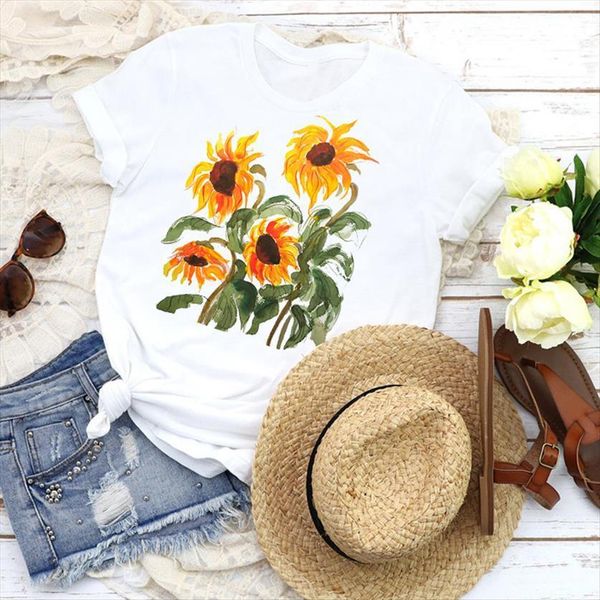 

graphic sunflower short sleeve cartoon women t shirt flower girl tees print clothing female womens, White