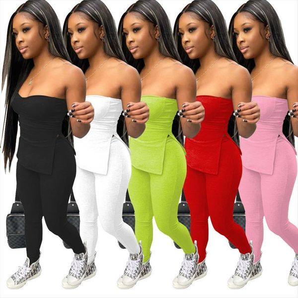 

ribbed knit 2 pieces sets womenpant casual strapless basic solid stretch elastic tube skinny pants outfits, White