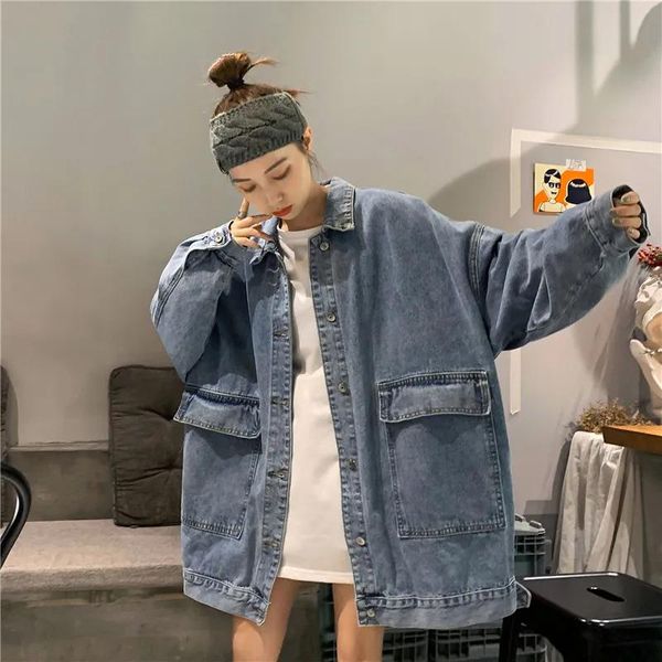 

women's jackets spring autumn harajuku big pockets turn-down collar denim loose coat womens fashion bf single-breasted oversized studen, Black;brown