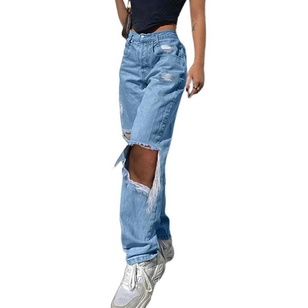 

women's jeans women ladies ripped denim frayed pants knee hole high waist straight trousers, Blue