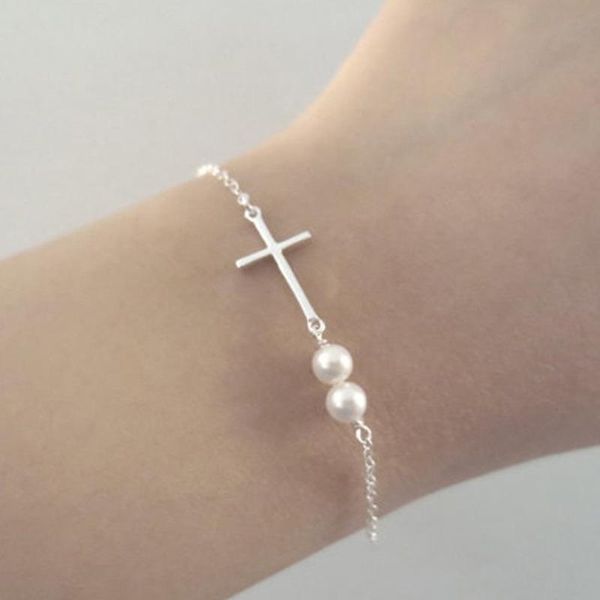 

link, chain cross bracelet pearl charm bracelets for women braiding couple men wish friendship gift, Black