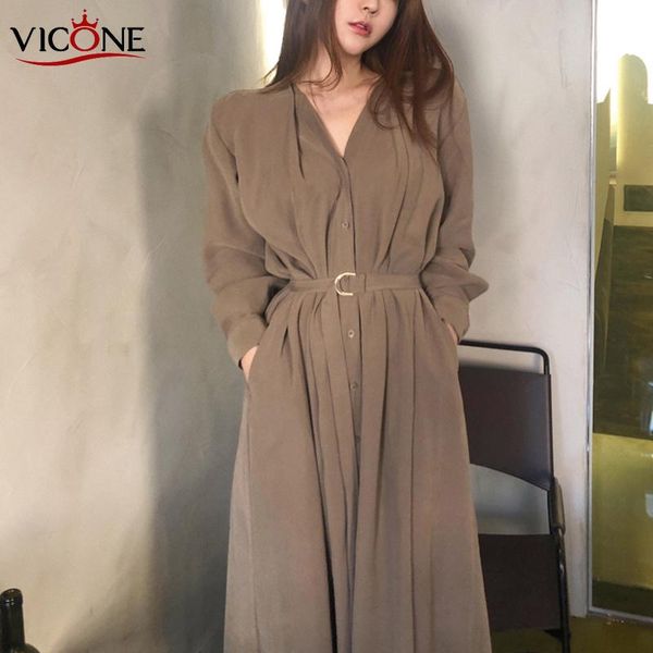 

casual dresses vicone v-neck single-breasted female long dress 2021 spring elegant sleeve belted women straight loose vestidos, Black;gray