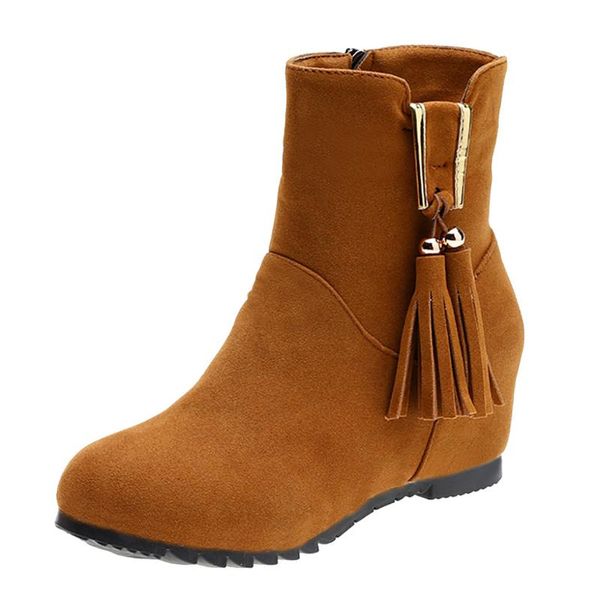 

boots fringe ladies autumn and winter casual wedges with solid color fashion women's round head bare, Black
