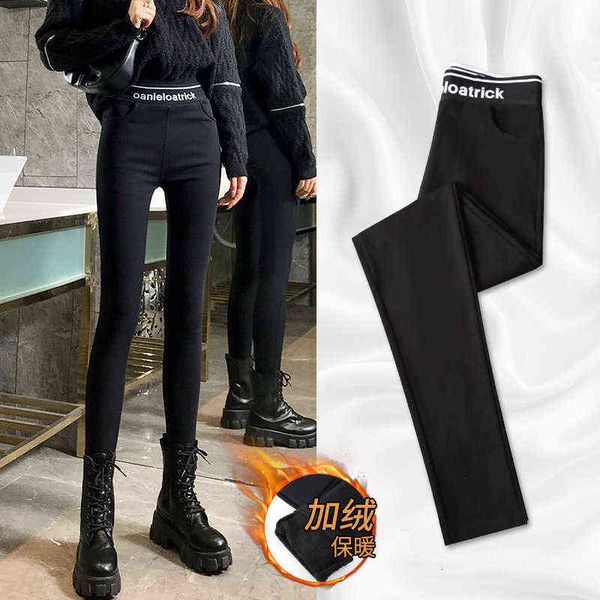 

women's leggings small bottomed women's pants wear autumn and winter korean version net red letters high waist elastic tight nine, Black