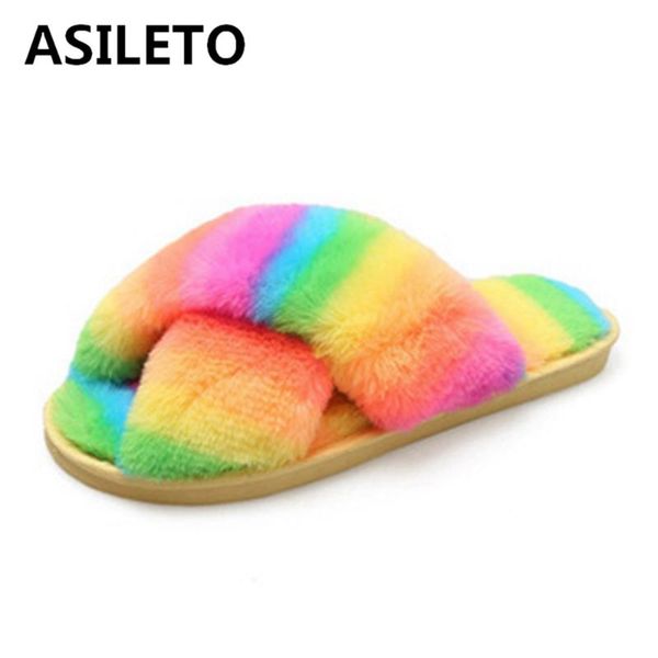 

slippers 2021 design muticolor rainbow plush furry cross slides women flock fur flat massage outdoor indoor floor big size 42, Black