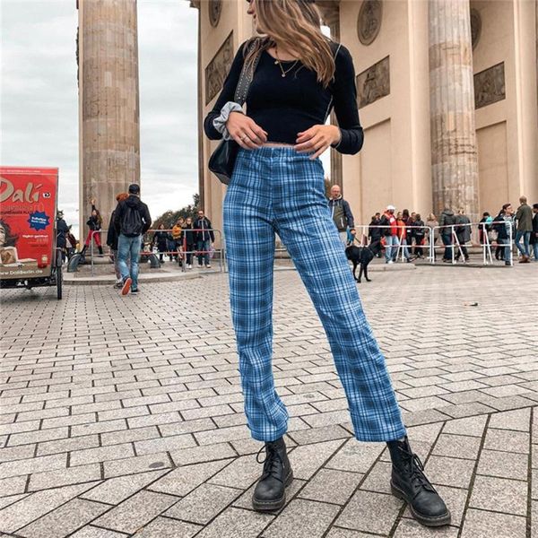 

harajuku straight blue plaid pants women casual checkered women's trousers streetwear high waist sweatpants & capris, Black;white