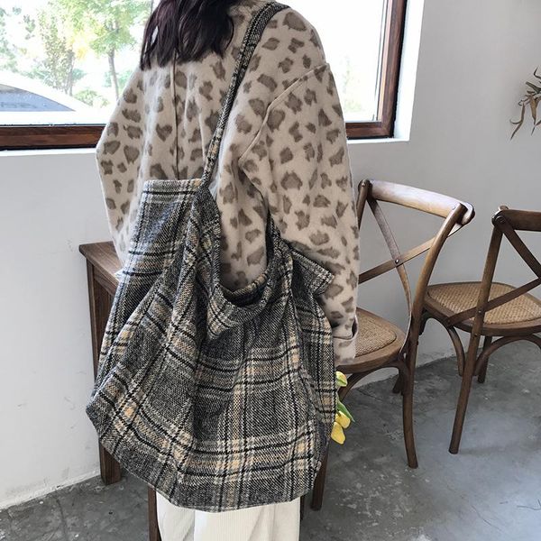 

evening bags shoulder bag large capacity tote woolen plaid handbag female retro wild japanese and korean ins style simple