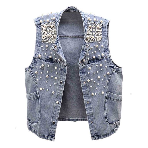 

women's vests spring autumn beaded denim vest women korean loose single-breasted vintage jeans waistcoat sleeveless jack 1d4m, Black;white