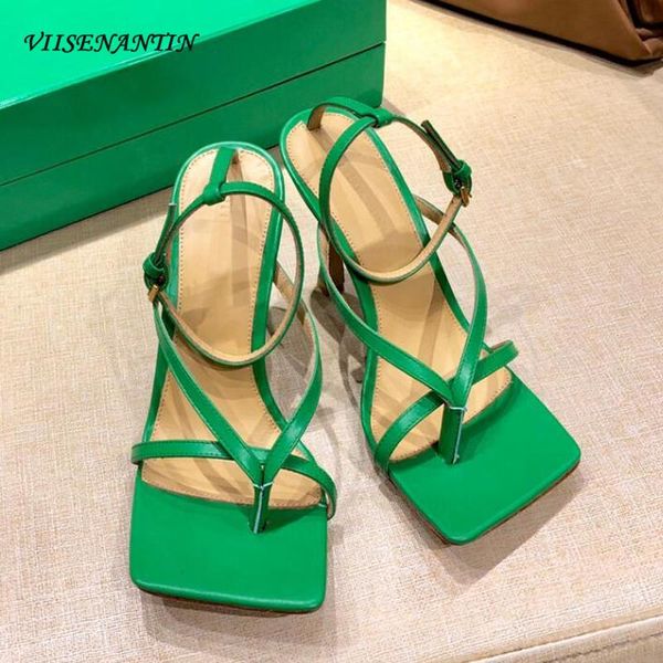 

various color lady 2021 spring summer sandal shoe squared toe straps thin heel party weeding green red leather sandals, Black