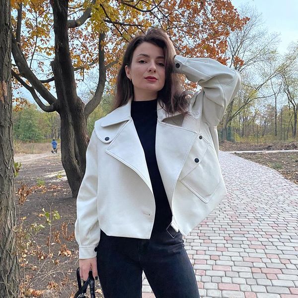 

women's jackets spring women faux pu leather jacket ladies beige white high waist coat motorcycle loose korean hip hop outerwear, Black;brown